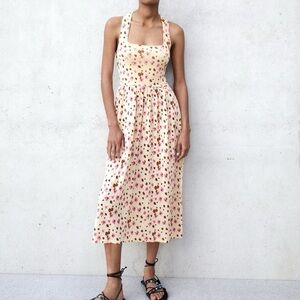 ZARA Light Yellow Floral Print Jacquard Knit Square Neck Midi Dress